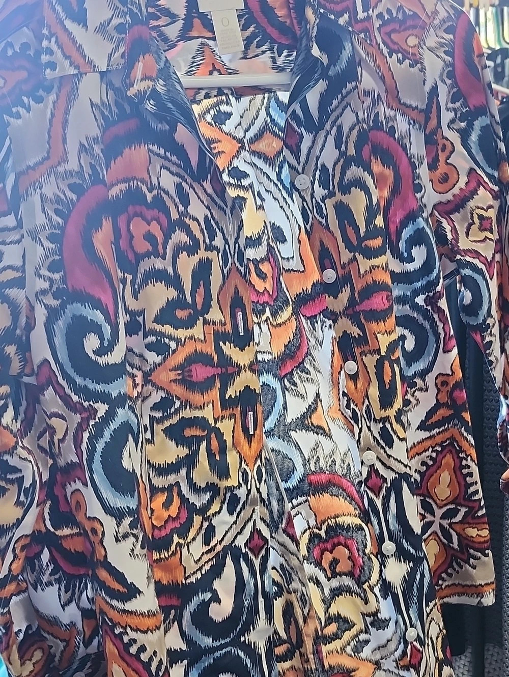 Chico's No Iron Printed Shirt Abstract Print Blouse Blue & Orange Size 0